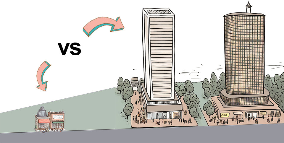 Cartoon of small businesses compared to large corporations. Illustrates that Good Board is a small business.
