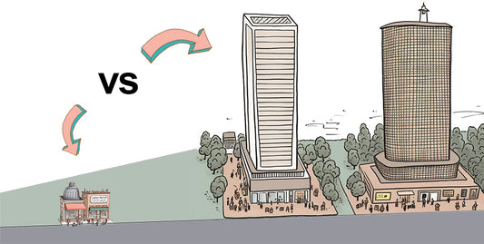 Cartoon of small businesses compared to large corporations. Illustrates that Good Board is a small business.