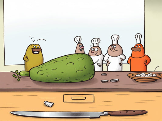 Cartoon of chefs looking at humongous cutting board with giant vegetable on it.