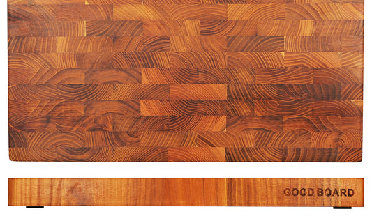 Image showcasing the warm beautiful teak end grain wood of the Good Board cutting board.