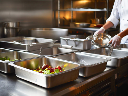 Image of professional kitchen, with many stainless steel items including Good Board style stainless steel containers.