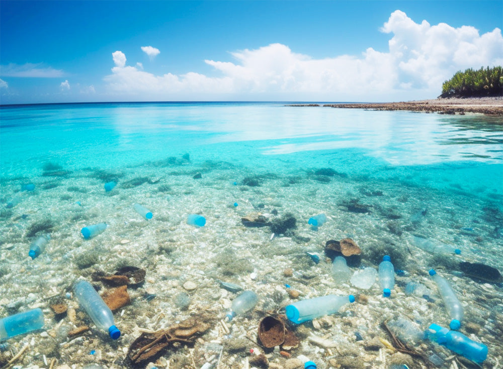 Image of a beautiful beach ruined by plastic waste in the water.