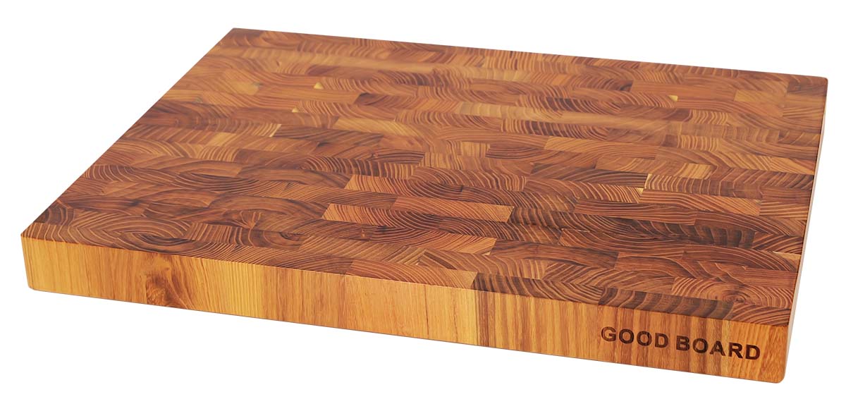 Image of Good Board, highlighting its vibrant natural beauty and teak end grain material, a testament to its superior quality, elegance, and luxury.