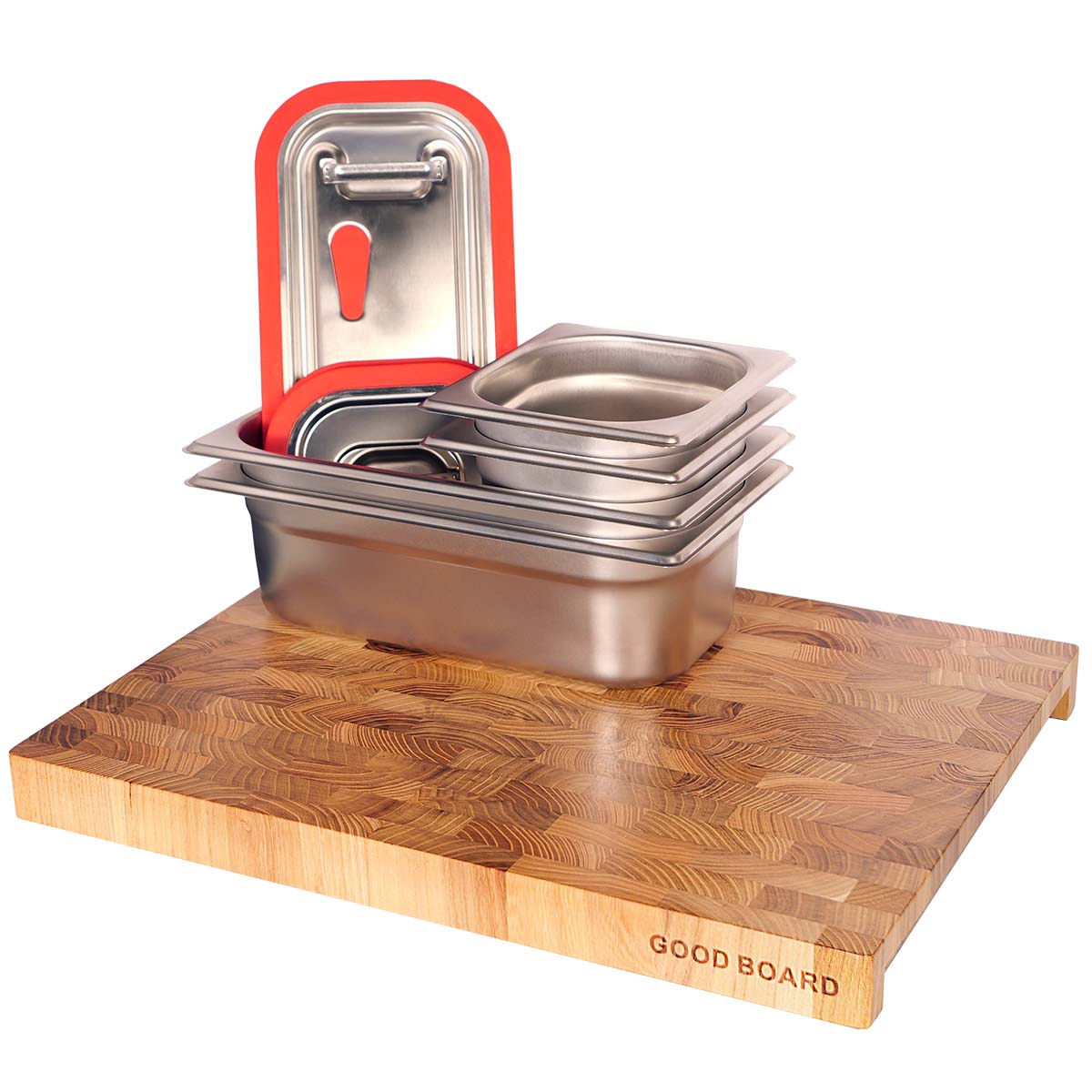 Image showcasing the complete Good Board system stacked together: teak cutting board, tray system, two small containers with lids, one large container with lid, and a colander.