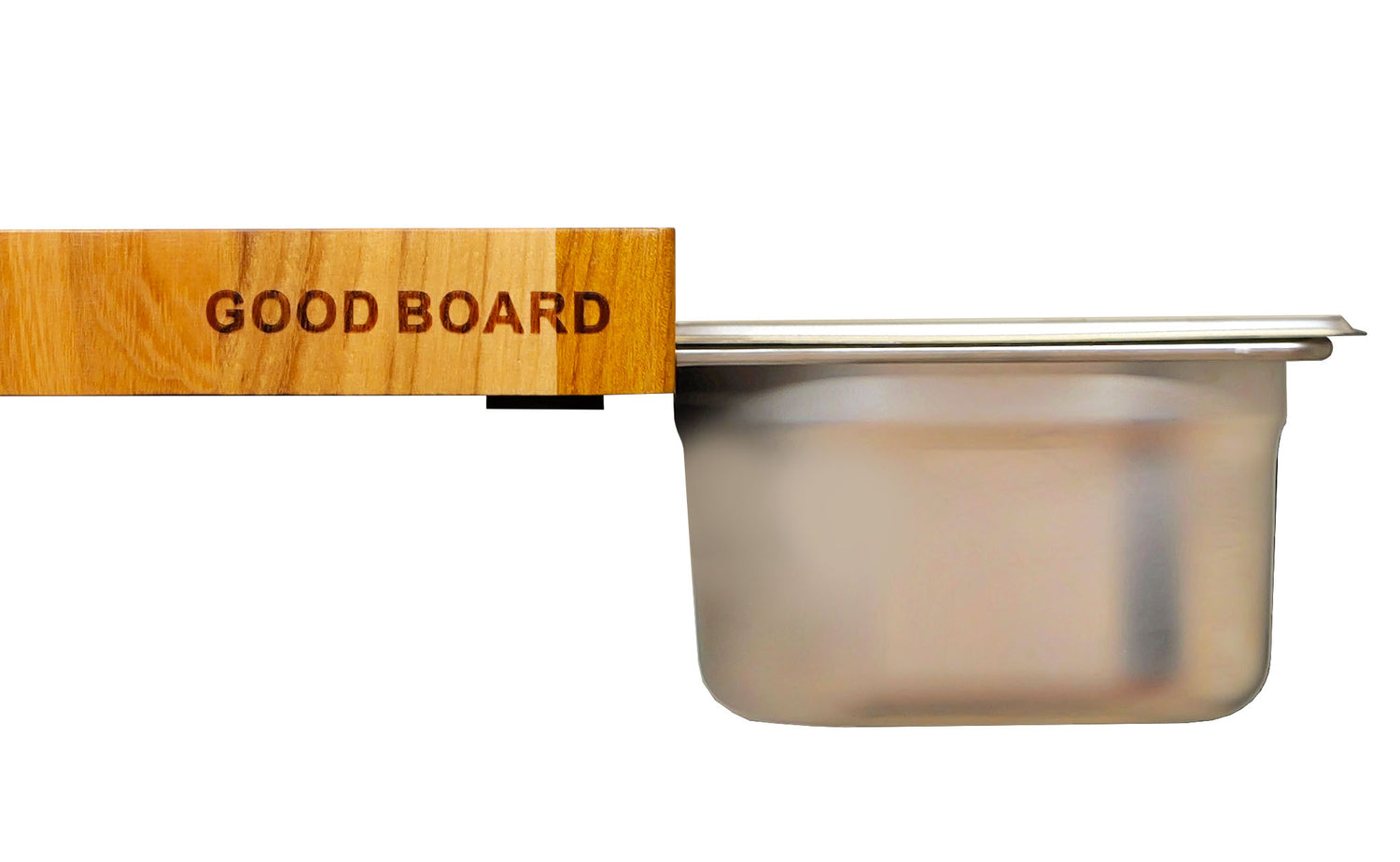 Profile view of Good Board Meal Prep System with cutting board and stainless steel containers together. 